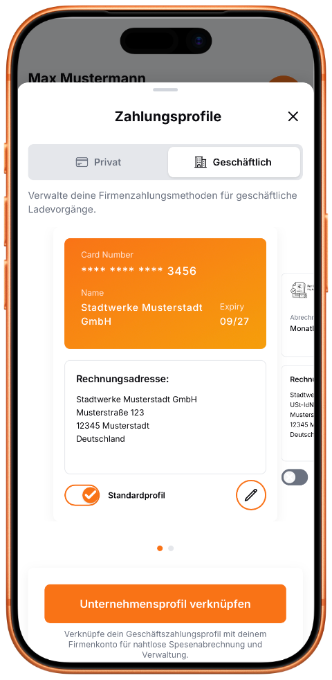 Smartphone showing business payment profile